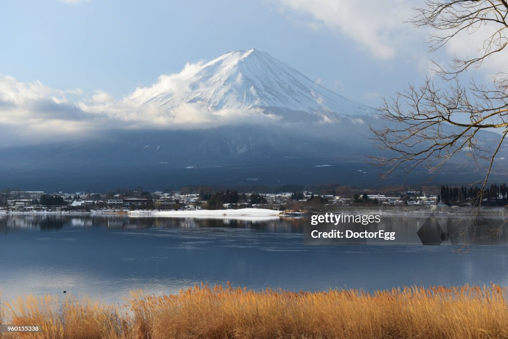 Fuji Mountain Reflection and Snow in Winter at Kawaguchiko Lake, Japan