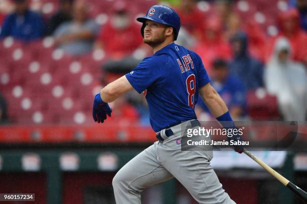 Ian Happ of the Chicago Cubs hits a double in the second inning against the Cincinnati Reds at Great American Ball Park on May 19, 2018 in...