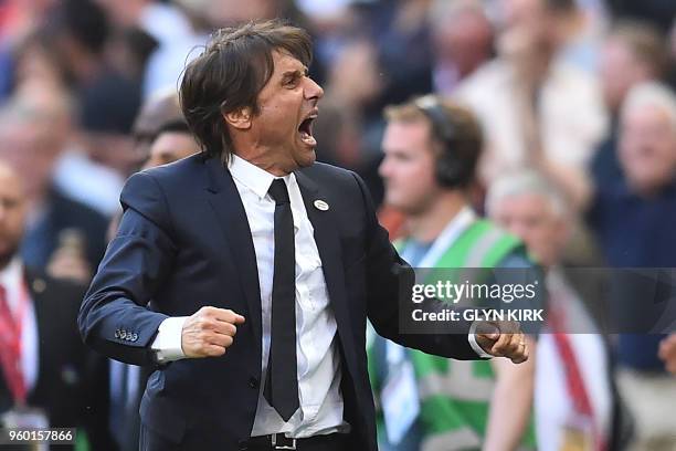 Chelsea's Italian head coach Antonio Conte reacts to their victory on the final whistle in the English FA Cup final football match between Chelsea...