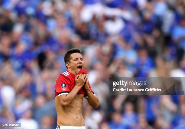 Ander Herrera of Manchester United reacts following The Emirates FA Cup Final between Chelsea and Manchester United at Wembley Stadium on May 19,...