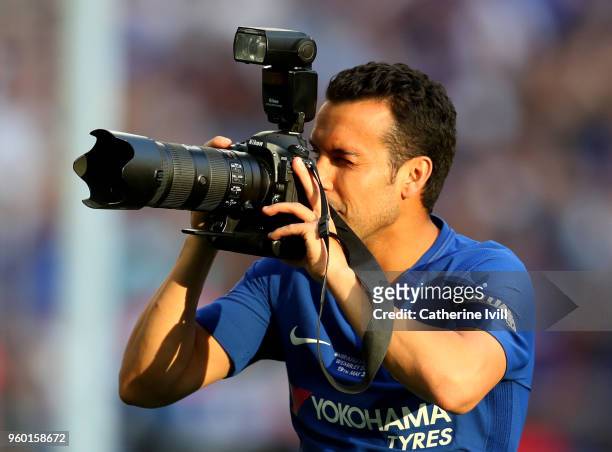 Pedro of Chelsea takes a photo following The Emirates FA Cup Final between Chelsea and Manchester United at Wembley Stadium on May 19, 2018 in...