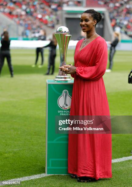 Liz Baffoe with trophy prior the Women's DFB Cup Final between VFL Wolfsburg and FC Bayern Muenchen at RheinEnergieStadion on May 19, 2018 in...