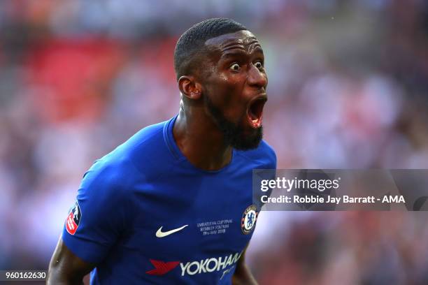 Antonio Rudiger of Chelsea celebrates at the end of the Emirates FA Cup Final between Chelsea and Manchester United at Wembley Stadium on May 19,...