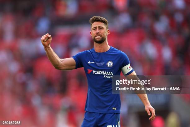 Gary Cahill of Chelsea celebrates at the end of the Emirates FA Cup Final between Chelsea and Manchester United at Wembley Stadium on May 19, 2018 in...