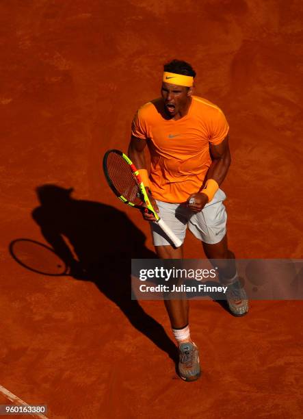 Rafael Nadal of Spain celebrates winning a game against Novak Djokovic of Serbia in the semi finals during day seven of the Internazionali BNL...