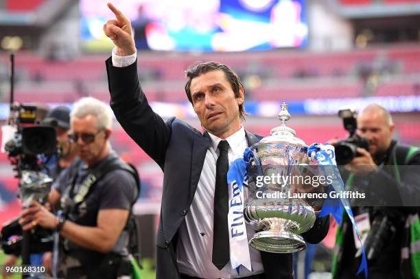 Antonio Conte, Manager of Chelsea celebrates with the Emirates FA Cup Trophy following his sides victory in The Emirates FA Cup Final between Chelsea...