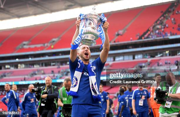 Eden Hazard of Chelsea celebrates with the Emirates FA Cup Trophy following his sides victory in The Emirates FA Cup Final between Chelsea and...
