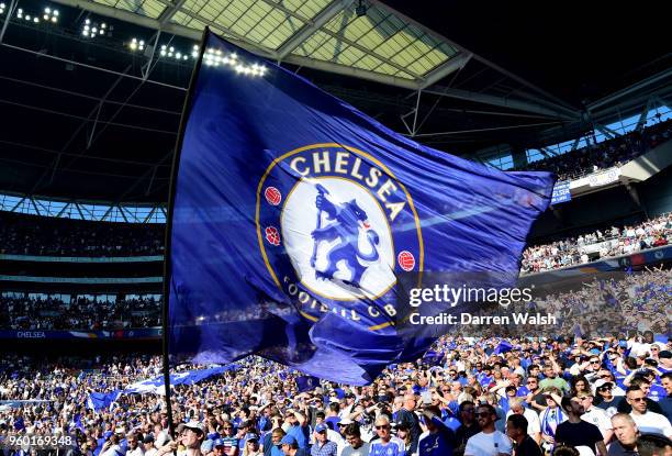 Chelsea flag is flown infront of the fans following their sides victory during The Emirates FA Cup Final between Chelsea and Manchester United at...