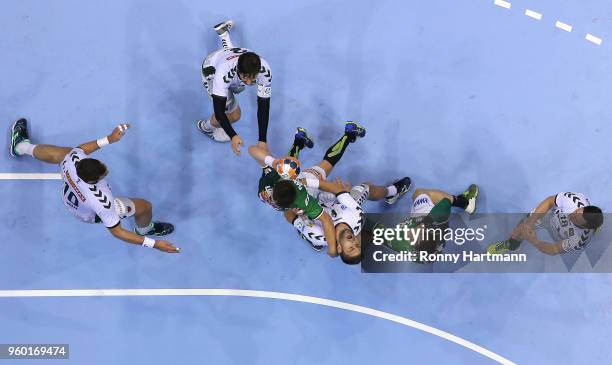 Jakov Gojun of Berlin, Fabian Wiede of Berlin, Allan Damgaard of Goeppingen, Drago Vukovic of Berlin, Kresimir Kozina of Goeppingen and Hans Lindberg...