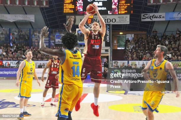 Michael Bramos of Umana competes with Travis Diener and Henry Sims and Drake Diener of Vanoli during the LBA LegaBasket match Game 1 of play off's...
