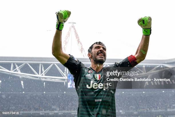 Gianluigi Buffon of Juventus celebrates after winning the seventh league titles in a row at the end of the serie A match between Juventus and Hellas...