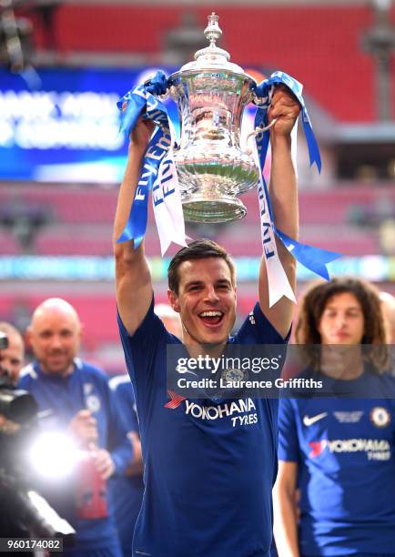 Cesar Azpilicueta of Chelsea poses with the Emirates FA Cup Trophy following his sides victory in The Emirates FA Cup Final between Chelsea and...