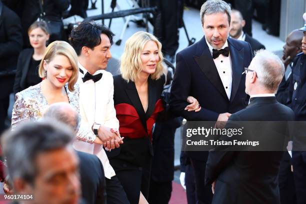 Jury members Lea Seydoux, Chang Chen, Jury president Cate Blanchett and jury member Denis Villeneuve are greeted by festival director Thierry Fremaux...