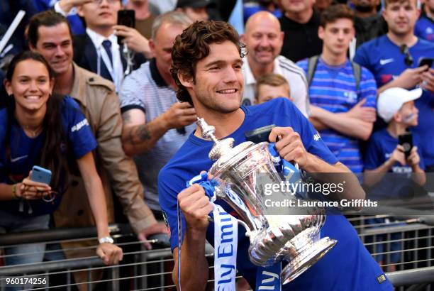 Marcos Alonso of Chelsea poses with the Emirates FA Cup trophy following his side's win during The Emirates FA Cup Final between Chelsea and...