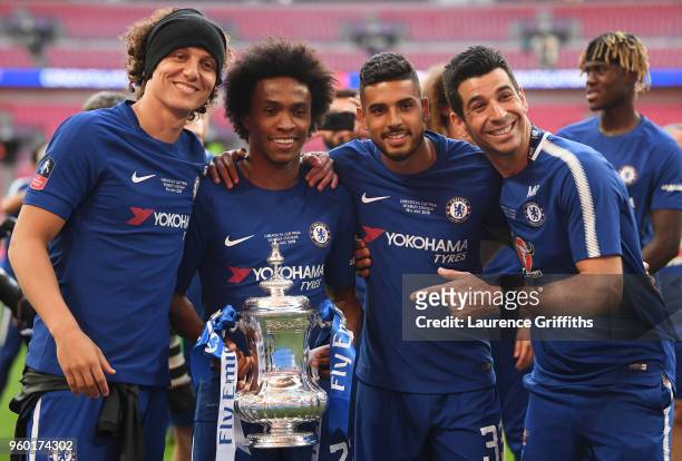 David Luiz, Willian, and Emerson Palmieri of Chelsea pose with the Emirates FA Cup Trophy following their sides victoy in The Emirates FA Cup Final...