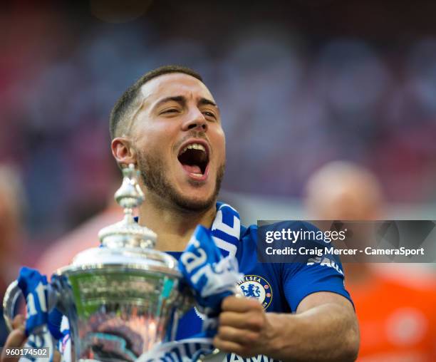 Chelsea's Eden Hazard celebrates with the trophy after the Emirates FA Cup Final match between Chelsea and Manchester United at Wembley Stadium on...