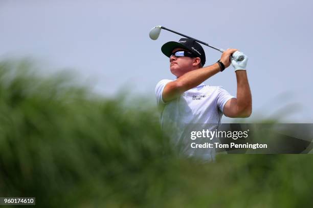 Brian Gay plays his tee shot on the third hole during the third round of the AT&T Byron Nelson at Trinity Forest Golf Club on May 19, 2018 in Dallas,...