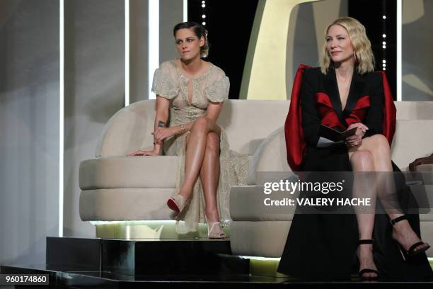 Actress and member of the Feature Film Jury Kristen Stewart and Australian actress and President of the Jury Cate Blanchett attend on May 19, 2018...