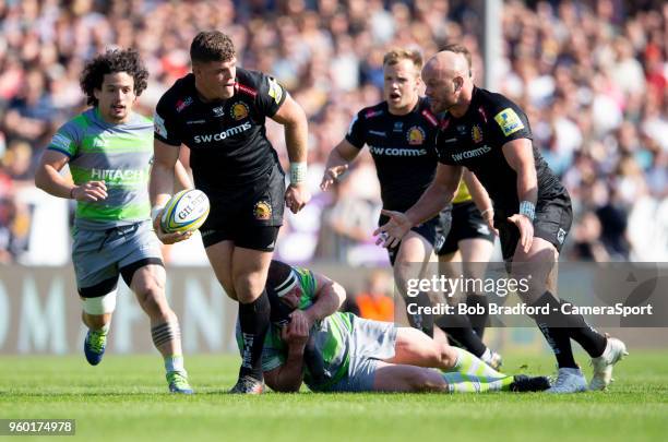 Exeter Chiefs' Dave Ewers in action during the Aviva Premiership Semi Final between Exeter Chiefs and Newcastle Falcons at Sandy Park on May 19, 2018...