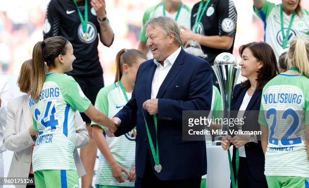Horst Hrubesch at the winning ceremony after the Women's DFB Cup Final between VFL Wolfsburg and FC Bayern Muenchen at RheinEnergieStadion on May 19,...