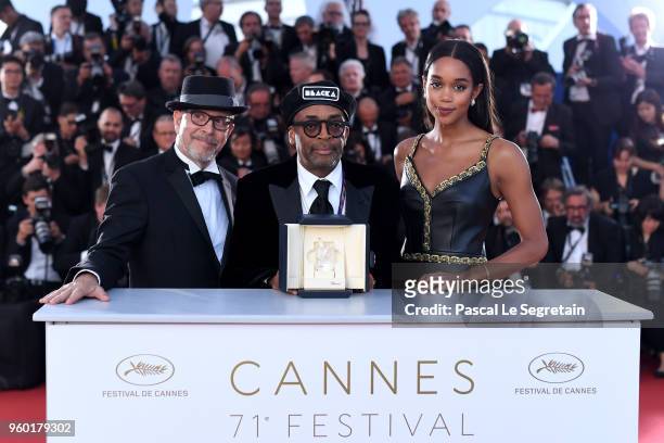 Barry Alexander Brown, director Spike Lee posing with the Grand Prix award for 'BlacKkKlansman' and Laura Harrier next to him at the Palme D'Or...