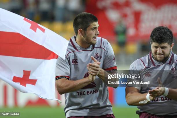 Georgian U20 team stands for national anthem during international match between Georgia U20 and England Counties U20 at Avchala Rugby Stadium on May...