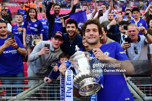 Marcos Alonso of Chelsea poses with the Emirates FA Cup trophy following his side's win during The Emirates FA Cup Final between Chelsea and...