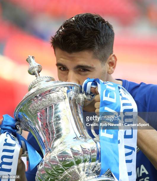Chelsea's Alvaro Morata with the trophy during the Emirates FA Cup Final match between Chelsea and Manchester United at Wembley Stadium on May 19,...
