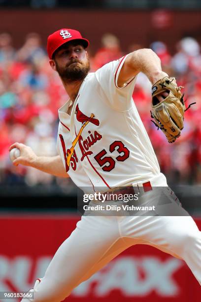 John Gant of the St. Louis Cardinals delivers a pitch against the Philadelphia Phillies in the first inning at Busch Stadium on May 19, 2018 in St....