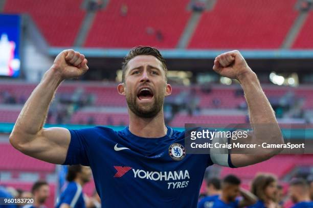 Chelsea's Gary Cahill celebrates after the Emirates FA Cup Final match between Chelsea and Manchester United at Wembley Stadium on May 19, 2018 in...