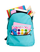 Blue school bag with school supplies isolated on white background