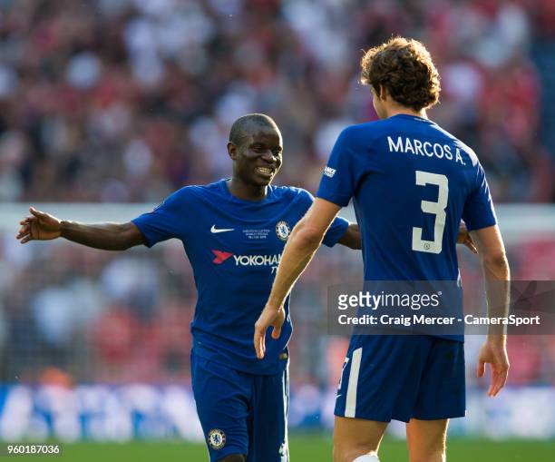 Chelsea's Ngolo Kante celebrates with team mate Marcos Alonso at the final whistle during the Emirates FA Cup Final match between Chelsea and...