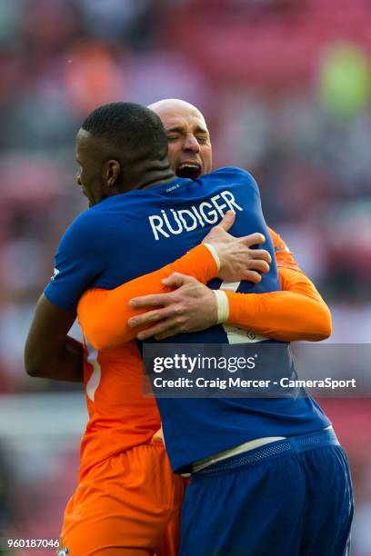 Chelsea's Wilfredo Caballero celebrates with team mate Antonio Rudiger after the Emirates FA Cup Final match between Chelsea and Manchester United at...