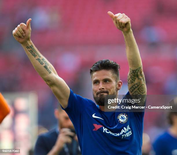 Chelsea's Olivier Giroud celebrates after the Emirates FA Cup Final match between Chelsea and Manchester United at Wembley Stadium on May 19, 2018 in...