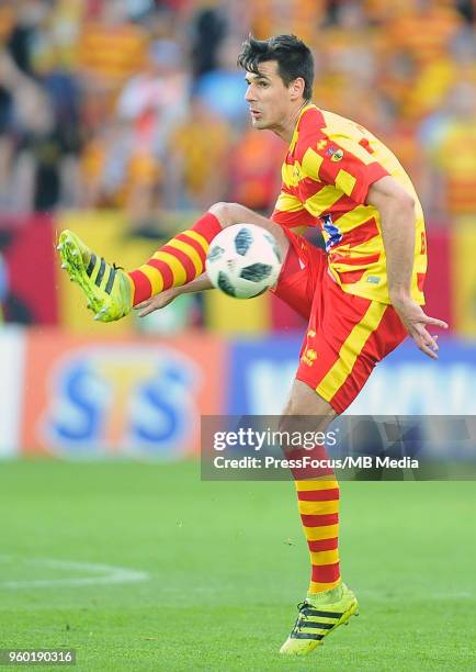 Nemanja Mirotivic of Jagiellonia Bialystok in action during Lotto Ekstraklasa match between Jagiellonia Bialystok and Legia Warsaw on May 06, 2018 in...