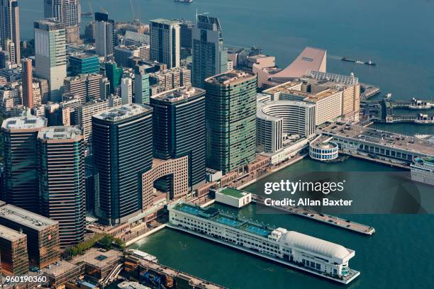 aerial view of ferry port and hong kong island - hk landscape fotografías e imágenes de stock