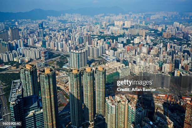 aerial view of of aparment blocks in mong kok, hong kong - hk landscape fotografías e imágenes de stock