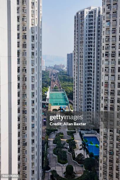 elevated view of apartment blocks in chai wan - hk landscape fotografías e imágenes de stock