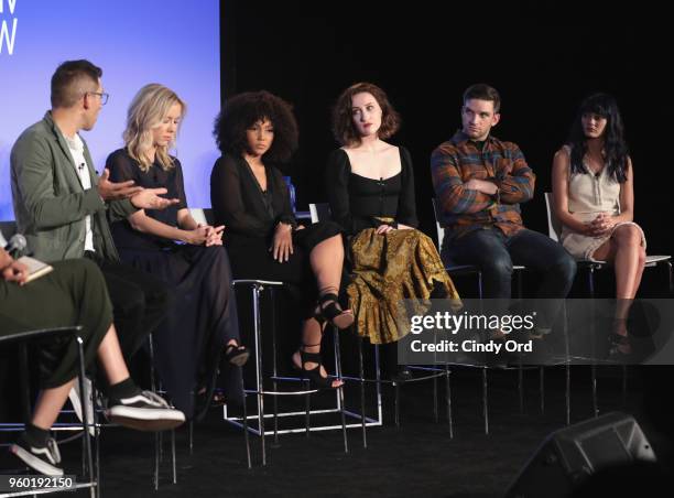 Producer and writer Stu Zicherman, writer Stephanie Danler, Jasmine Matthews, Eden Epstein, Evan Jonigkeit, Ella Purnell speak on stage during...