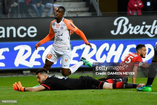 Montpellier's French forward Isaac Mbenza scores a goal during the French L1 football match Rennes against Montpellier on May 19, 2018 at the Roazhon...