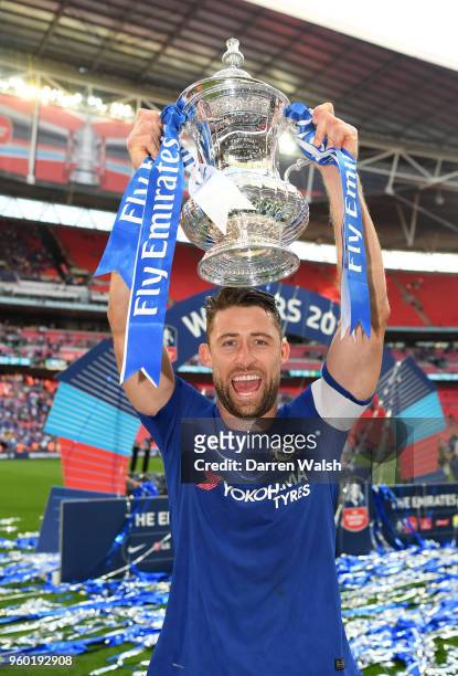 Gary Cahill of Chelsea celebrates with the Emirates FA Cup Trophy following his sides victory in The Emirates FA Cup Final between Chelsea and...