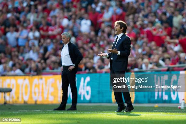 Chelsea manager Antonio Conte reacts during the Emirates FA Cup Final match between Chelsea and Manchester United at Wembley Stadium on May 19, 2018...