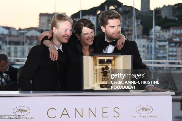 Swiss director and President of the Camera d'Or jury Ursula Meier poses with Belgian director Lukas Dhont and Belgian actor Victor Polster on May 19,...