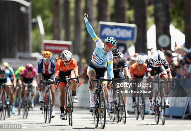 Arlenis Sierra of Cuba riding for Astana Women's Team reacts after winning Stage 3 of the Amgen Tour of California Women's Race Empowered with SRAM...
