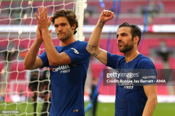 Marcos Alonso and Cesc Fabregas of Chelsea celebrate at the end of the Emirates FA Cup Final between Chelsea and Manchester United at Wembley Stadium...