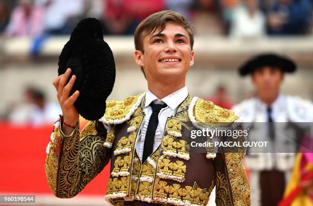 French matador Andy Younes reacts on May 19, 2018 during the Nîmes Pentecost Feria, southern France.