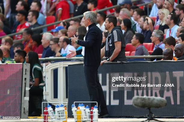 Manchester United Head Coach / Manager Jose Mourinho looks on with Assistant Rui Faria during the Emirates FA Cup Final between Chelsea and...