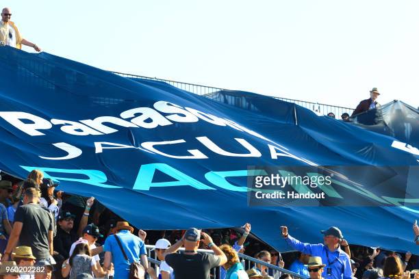 In this handout provided by Jaguar Panasonic Racing Crowds with a Jaguar Panasonic Racing flag. During the Berlin E-Prix in the Paris ePrix, Round 9...