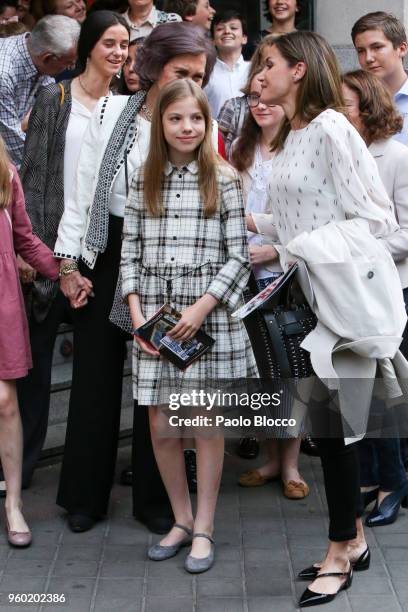 Queen Letizia of Spain , Princess Leonor of Spain and Victoria Federica de Marichalar are seen after going to see the 'Billy Elliot' theatre play on...