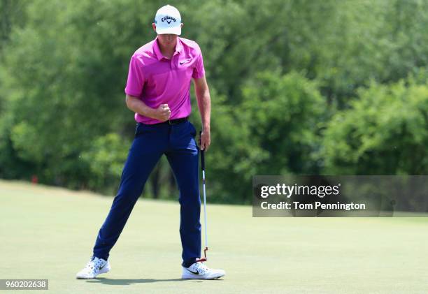Aaron Wise reacts following a putt attempt on the ninth green during the third round of the AT&T Byron Nelson at Trinity Forest Golf Club on May 19,...
